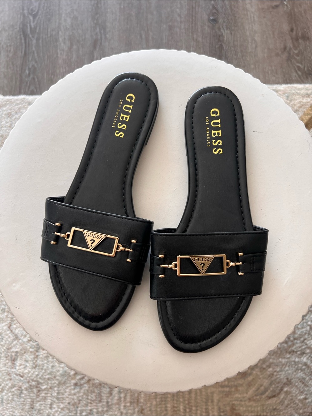 GUESS Black Slip-On Slide Sandals with Gold Accent size 7 NEW